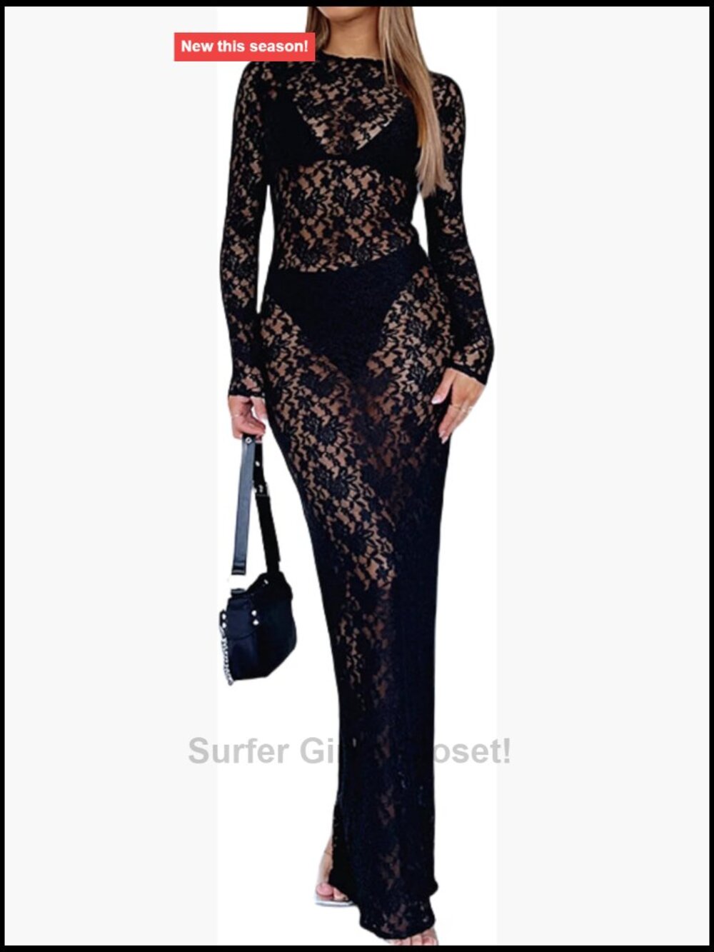 Women's Sheer See Through Floral Lace Maxi Dress Long Sleeve Bodycon Party